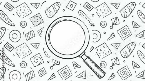 Magnifying glass over a pattern of geometric shapes and designs in black and white line art style