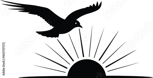 A soaring bird silhouette graces the sky above a radiant sunrise, capturing the essence of freedom and new beginnings in a minimalist, graphic style.