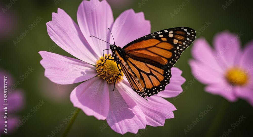 Fototapeta premium A Sun-kissed Monarch Butterfly Rests on a Delicate Pink Cosmos Flower