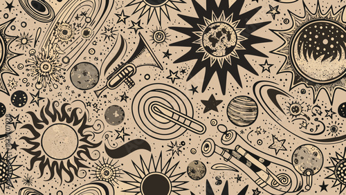 Aesthetic space pattern with suns planets stars trumpets and galaxies in a vintage style illustration