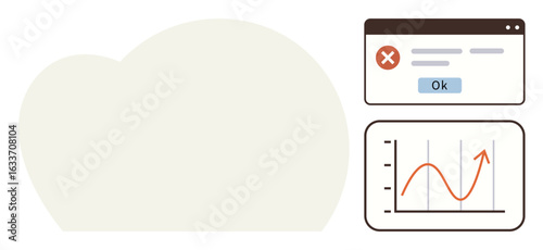 Error notification pop-up with graph showing upward trend and analysis. Ideal for analytics, data management, business monitoring, problem-solving, software troubleshooting, productivity enhancement