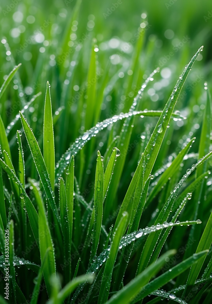 Obraz premium Close-up of Fresh Green Grass Blades Covered in Dew Drops
