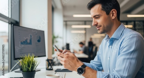 Wallpaper Mural Man in blue shirt looking at smartphone screen at office desk with computer and plant adult business Torontodigital.ca