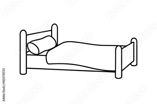 Simple line art illustration of a single bed with a pillow and a folded blanket