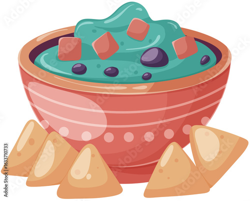 Colorful bowl of dessert with triangular snacks on the side.