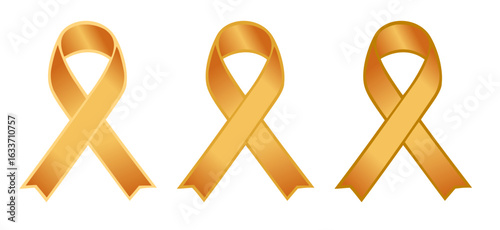 Set of three amber color awareness ribbons representing appendix cancer, flat vector on transparent background