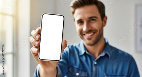 Man in denim shirt holding up smartphone with blank white screen towards camera mobile phone