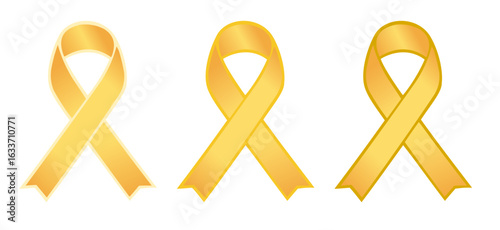 Set of three yellow color awareness ribbons representing bone and bladder cancer, suicide prevention and other awareness campaigns and events, flat vector on transparent background
