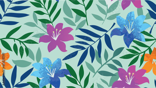 Floral pattern with colorful lilies and various shades of green and blue leaves scattered on a light background