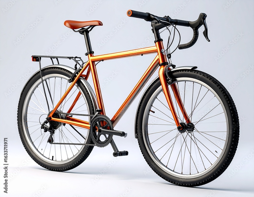 Fototapeta premium A stylish orange touring bicycle with drop handlebars, a rear rack, and fenders, isolated on a clean studio background for urban commuting or travel concepts.
