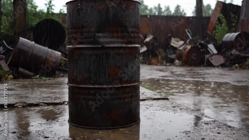 Wallpaper Mural oil drum - A weathered metal barrel stands alone in a rain-soaked industrial area, surrounded by rusting barrels and debris, evoking a sense of abandonment and decay in the background Torontodigital.ca