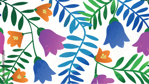 Colorful floral pattern with blue and green leaves and orange purple and blue bell shaped flowers