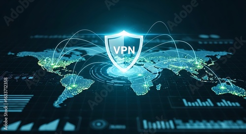 VPN network security concept with shield icon over a world map.

