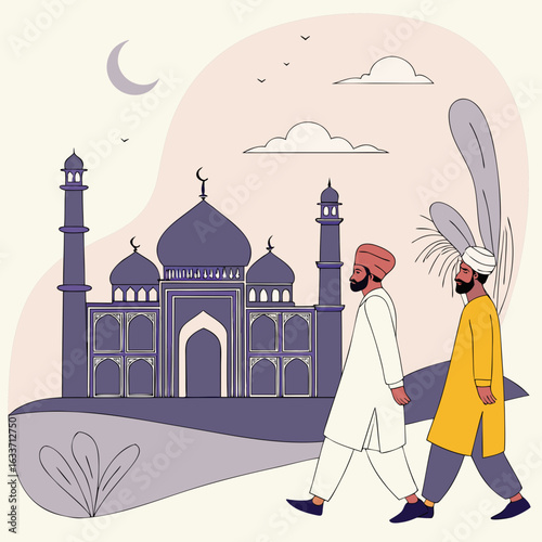  Muslim Men in Traditional Panjabi Heading to Mosque