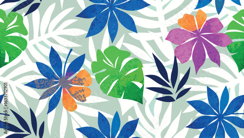 Colorful tropical leaves and flowers scattered across a light background creating a vibrant pattern