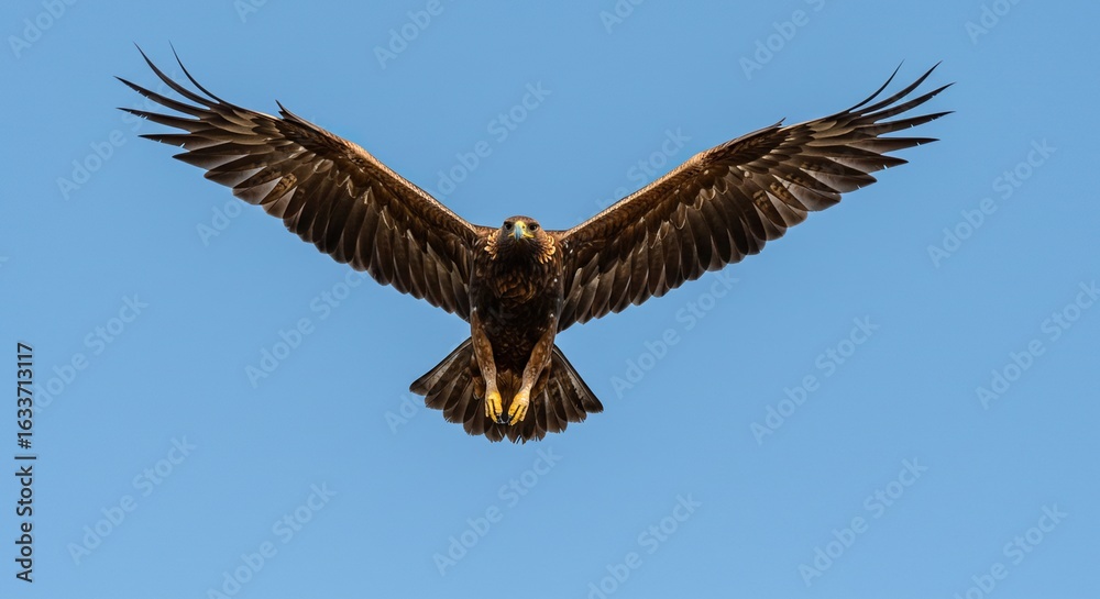 Fototapeta premium Intense Golden Eagle in Dynamic Head-On Flight with Expansive Wings Against Clear Blue Sky