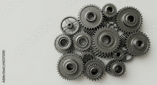 Close-up shot of various metal gears, interlocking and arranged on a white surface.