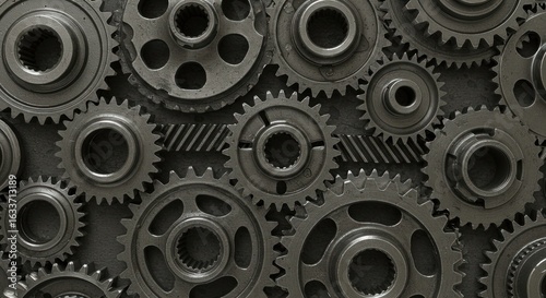 An arrangement of interlocking metal gears and cogs, creating a complex mechanical pattern.