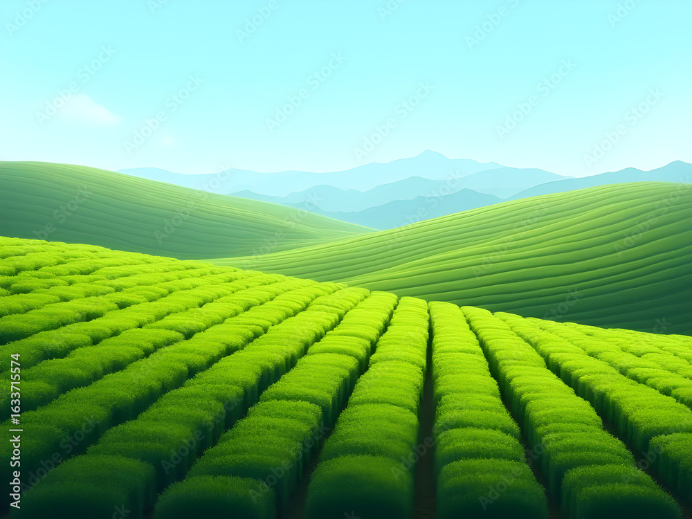 Fototapeta premium Vibrant Green Tea Plantation Rolling Hills Japanese Landscape Sunny Day Lush Foliage Serene Scenery Tranquil Atmosphere Verdant Meadows Agricultural Field Rows of Tea Bushes