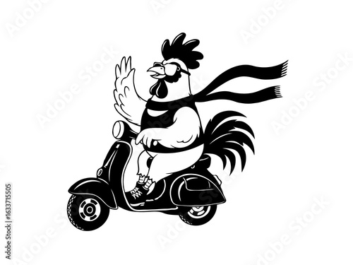 Rooster on Scooter Waving: Monochrome Illustration