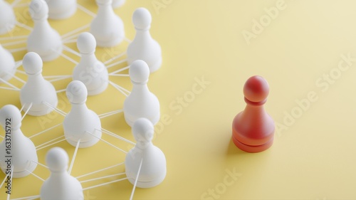Red Pawn Standing Apart from Networked White Pawns on Yellow Background pawn red white apart network