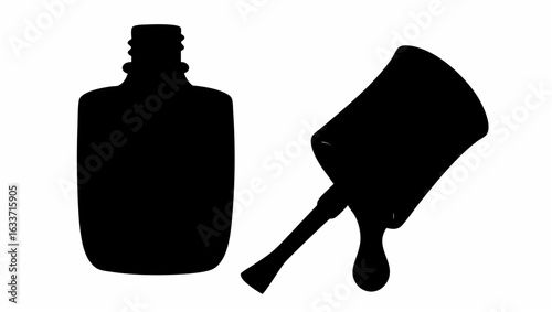 Silhouette illustration of a nail polish bottle with an applicator brush and dripping polish on white