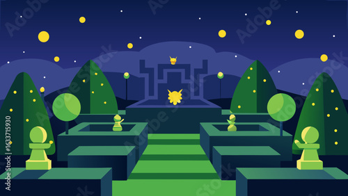 Maze garden stage with hedges statues and glowing paths