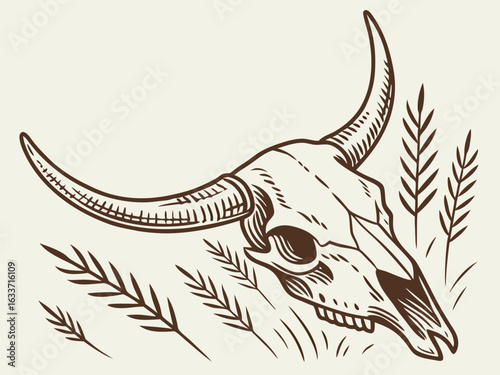 Vintage Line Art Illustration of a Longhorn Cattle Head in a Field . A detailed, vintage-style line drawing of a longhorn cattle head emerging from tall grass.
