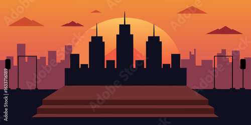 rooftop city skyline stage sunset lights