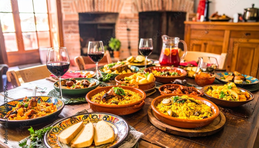 Fototapeta premium Typical Spanish Dinner Table with Sangria, Grilled Meats & Cozy Ambience