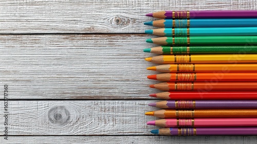 Top view colorful school supplies left side white wooden background copy space volumetric lighting detailed