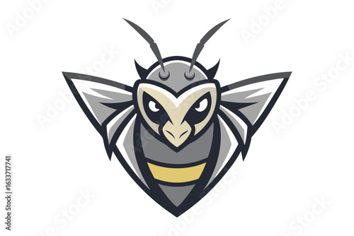 Vectorized gray bee displays prominent antennae and wings with menacing eyes in the frame