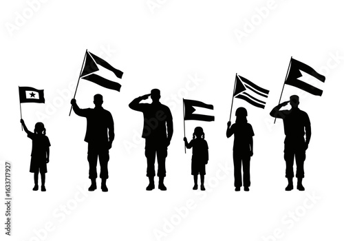 Vector art of silhouette of people saluting and holding flags isolated on white background vector