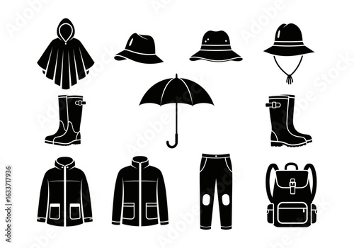 Vector art of black and white vector illustration of rain gear isolated on white background vector