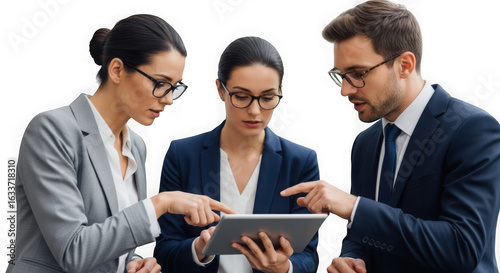 Three business people in a modern office working together on a project using a tablet discussing strategy isolated on transparent background