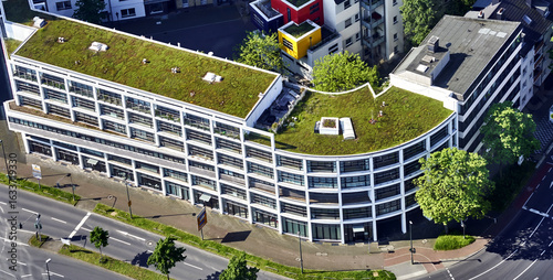 Modern office building with green roof promoting sustainability