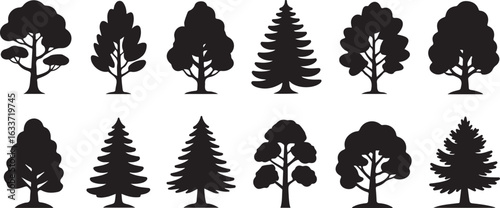 Christmas tree icon set. Vector illustration of pine silhouette