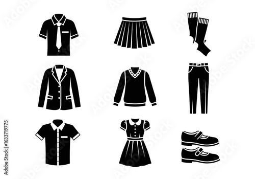 Vector art of silhouette of various school uniform items isolated on white background vector