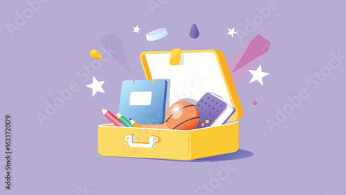 A yellow lunchbox filled with school supplies like books, pencils, and a small basketball on a purple background