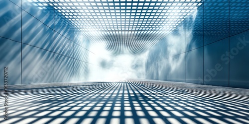 Futuristic Architectural Corridor in Blue Tones with Shadows and Light Patterns