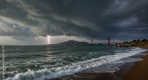Dramatic storm clouds over the San Francisco Bay, with lightning striking, and waves crashing on the beach.