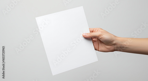 A person's hand holding a blank white sheet of paper. Clean mockup template for flyer, resume, or document presentation.