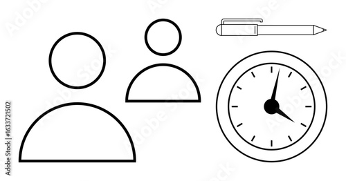 Two user outlines, clock, and pen emphasize teamwork, time management, productivity, and planning. Ideal for collaboration, workplace organization, efficiency scheduling workflow decision-making