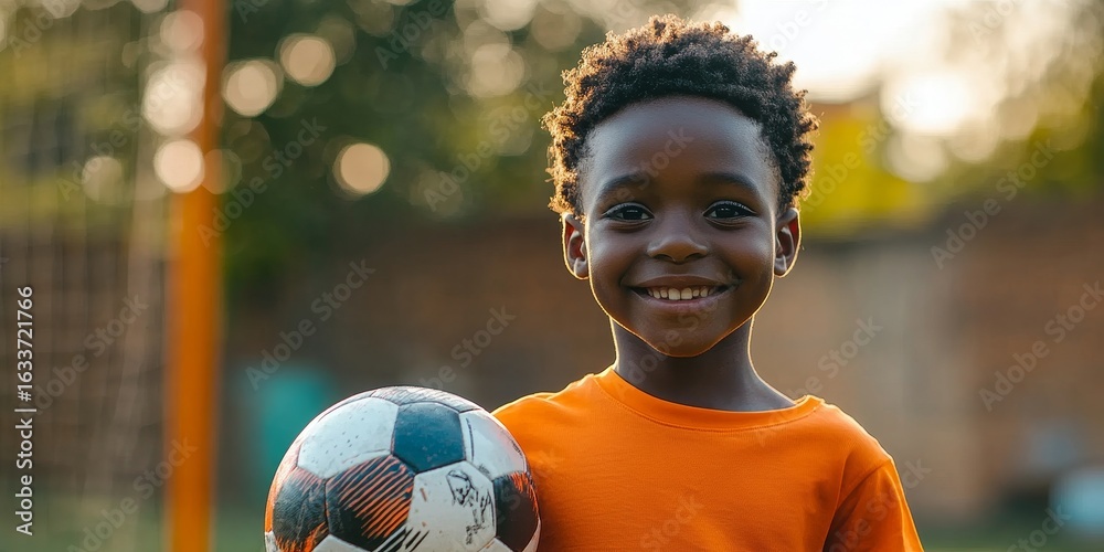 Naklejka premium Young black boy playing football at soccer training, promoting sports and fitness in an active lifestyle, Generative AI