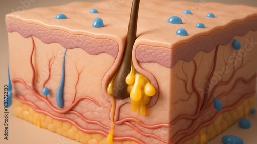 Illustration of a hair follicle with sebum and skin structure