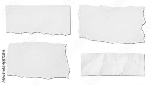 collection of  white ripped pieces of paper on white background. each one is shot separately