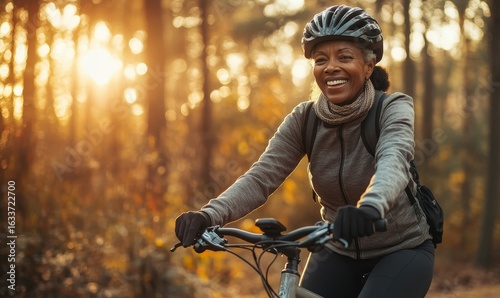 Candid elderly black woman cycling through the woods at golden hour,  outdoor fitness and wellness, Generative AI