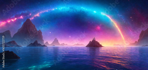 A fantastic landscape with an alien sky, a shining planet, and an ocean with islands.