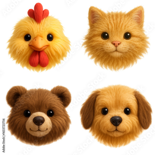 A charming collection of four 3D plush-style animal heads including a chicken, cat, bear, and dog, designed with soft textures and expressive eyes for a delightful visual appeal.