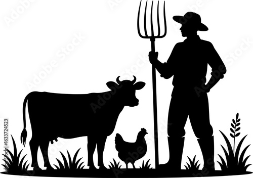 Farmer with Pitchfork and Livestock Silhouette